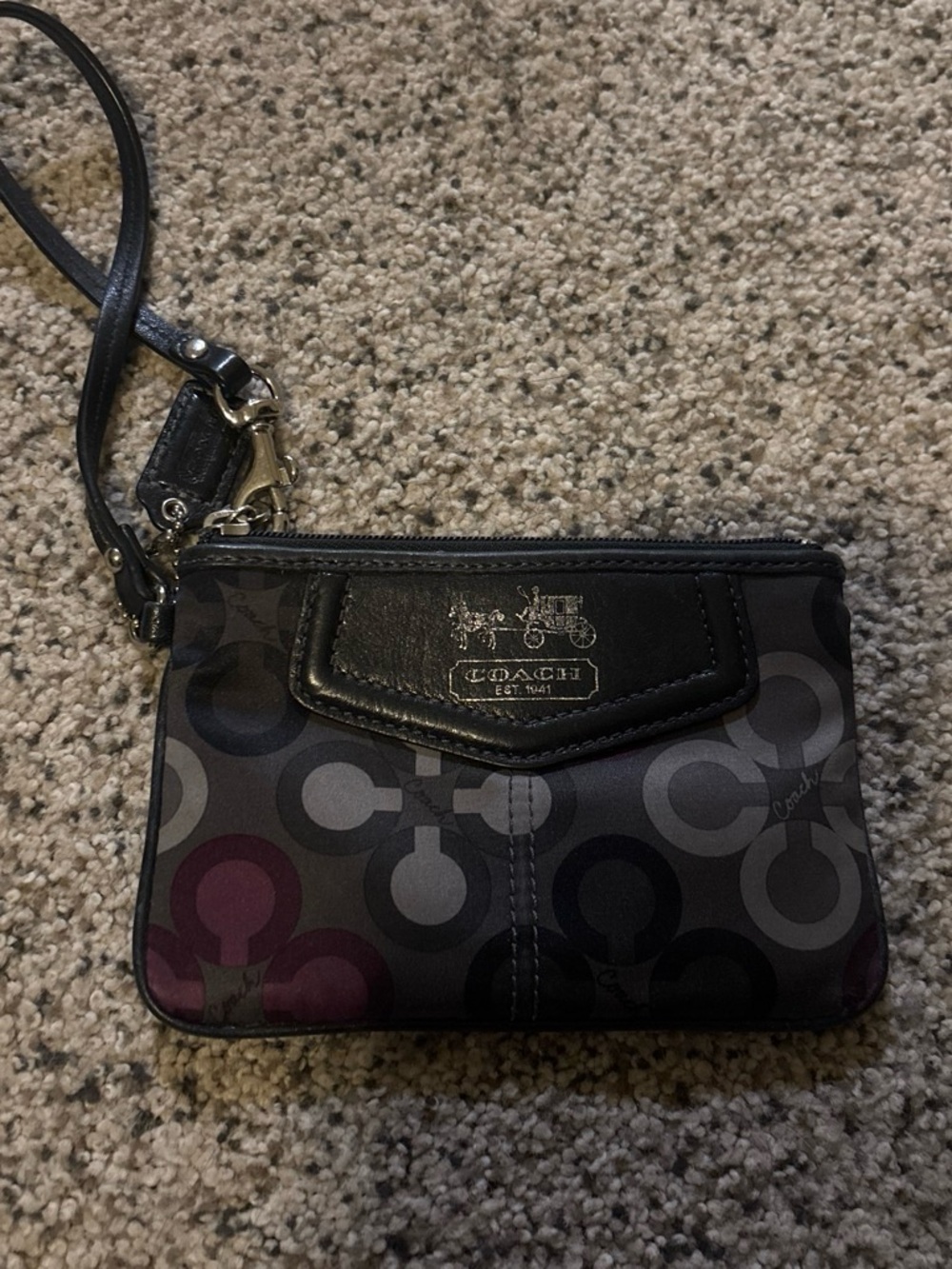 Coach Black Signature Jacquard Wristlet with Pink Accent